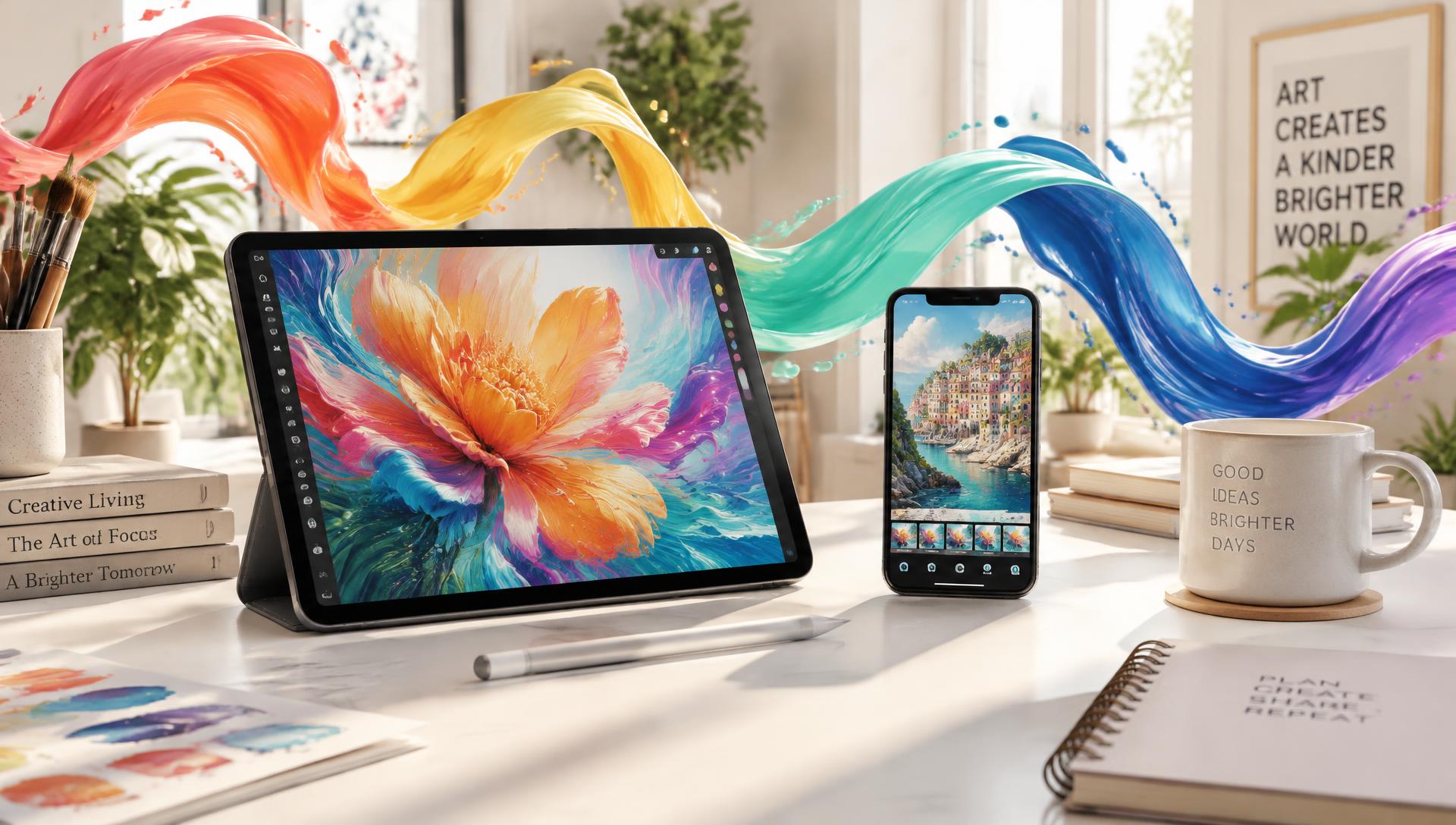 Creative desk with tablet and phone showing artwork